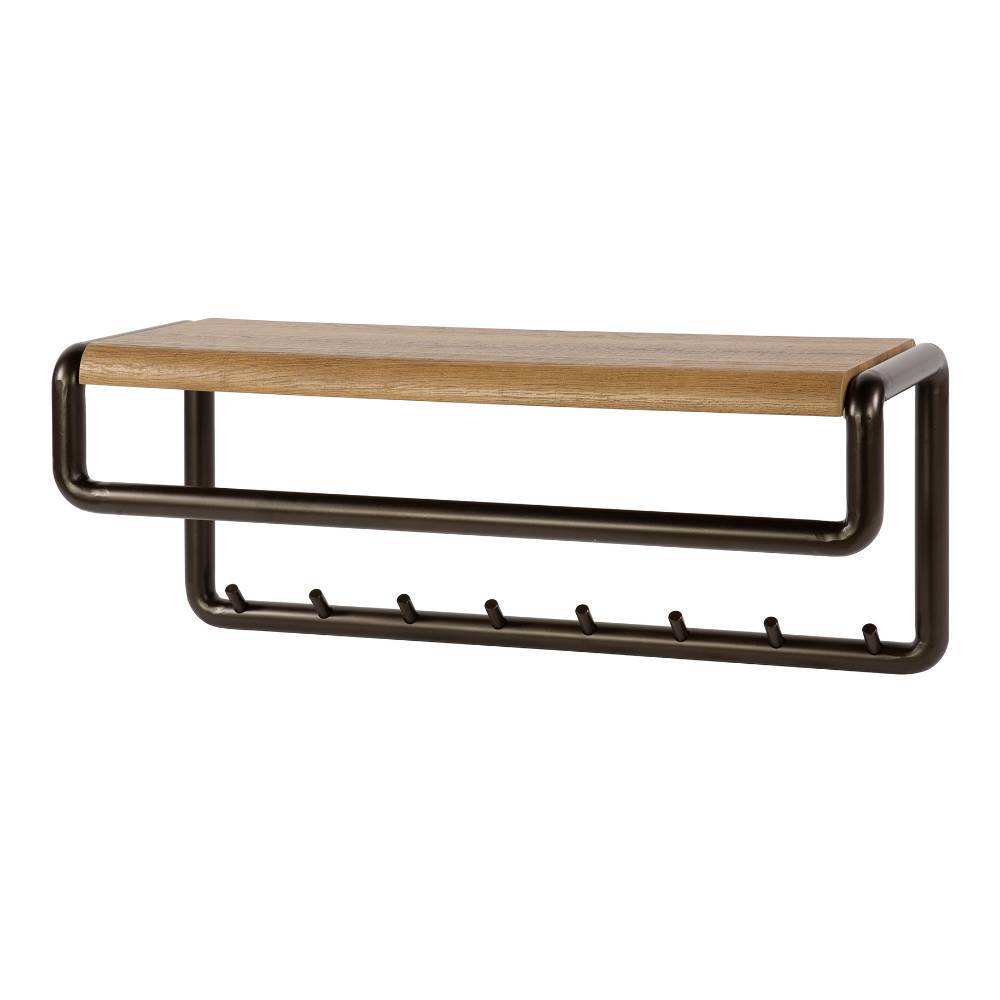 Industrial Wandgarderobe in Dunkelbraun Bronze mit eleganter Holzablage und sechs Kleiderhaken – Oysta