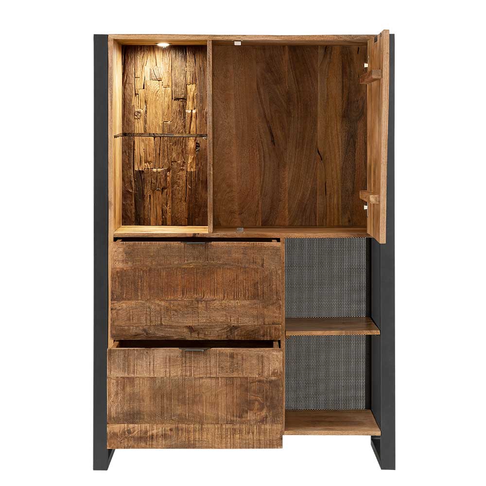 Industrial Highboard aus Mango Massivholz und Metall mit LED Beleuchtung, offenen Fächern und Schubladen – Acira