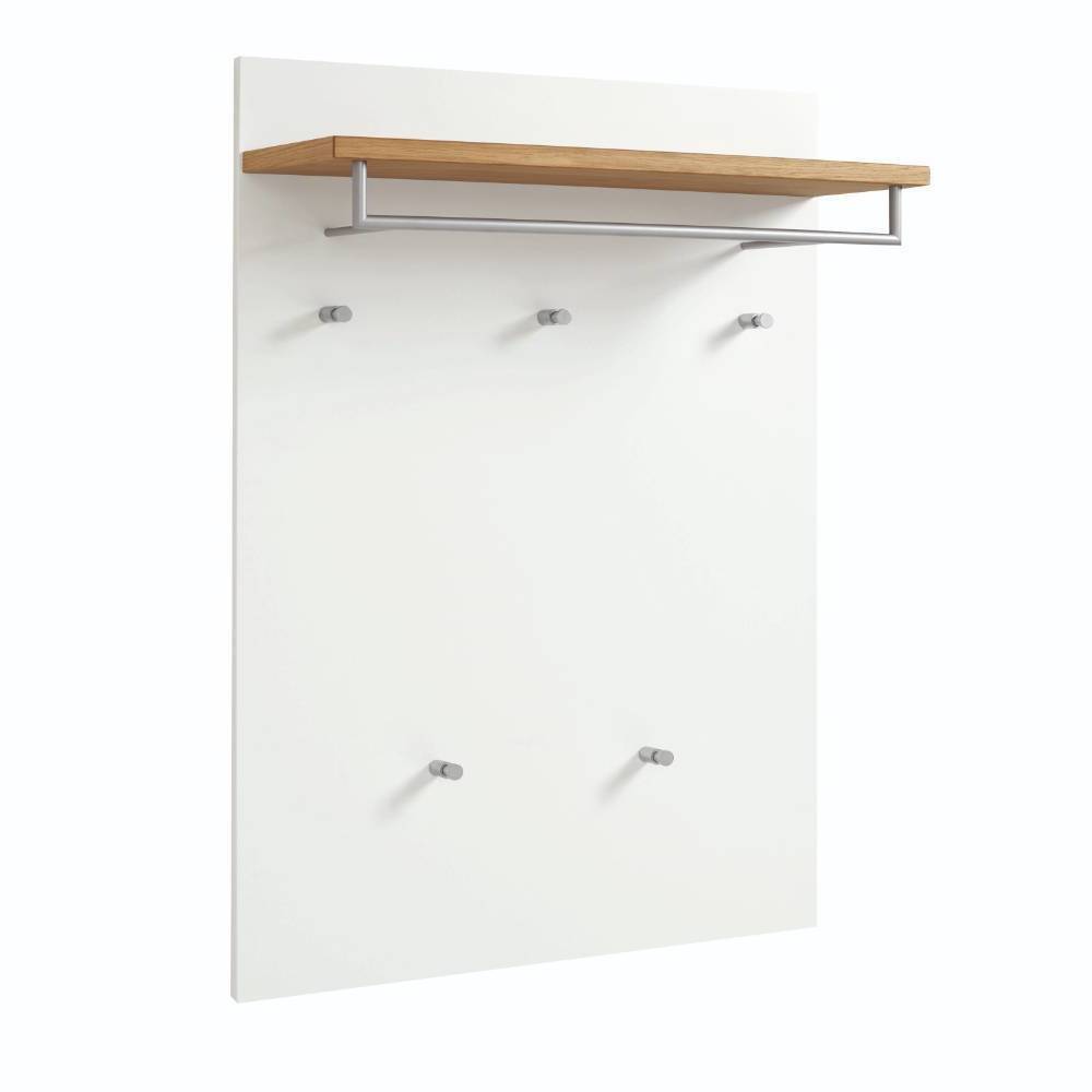 Moderne Wandgarderobe in Weiß mit Ablage aus Balkeneiche und silbernen Kleiderhaken – Danita