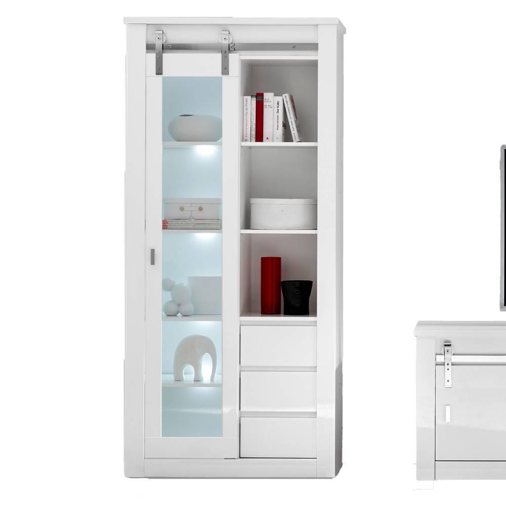 Weiße Vitrine des Wohnzimmerschrank Sets mit Glastür und beleuchteten Fächern für Dekoration – Memphys