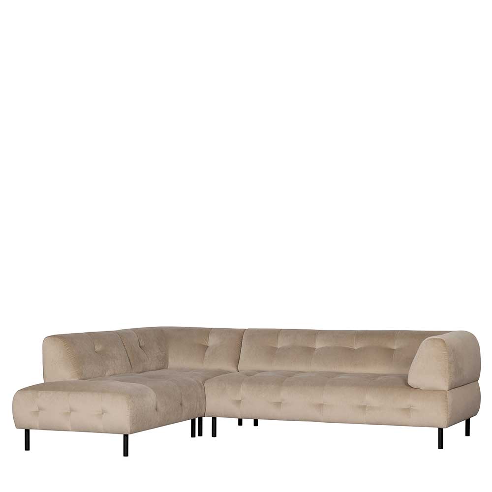 Elegantes Ecksofa in Samt Creme mit linker Recamiere und schwarzen Füßen – Montreneva