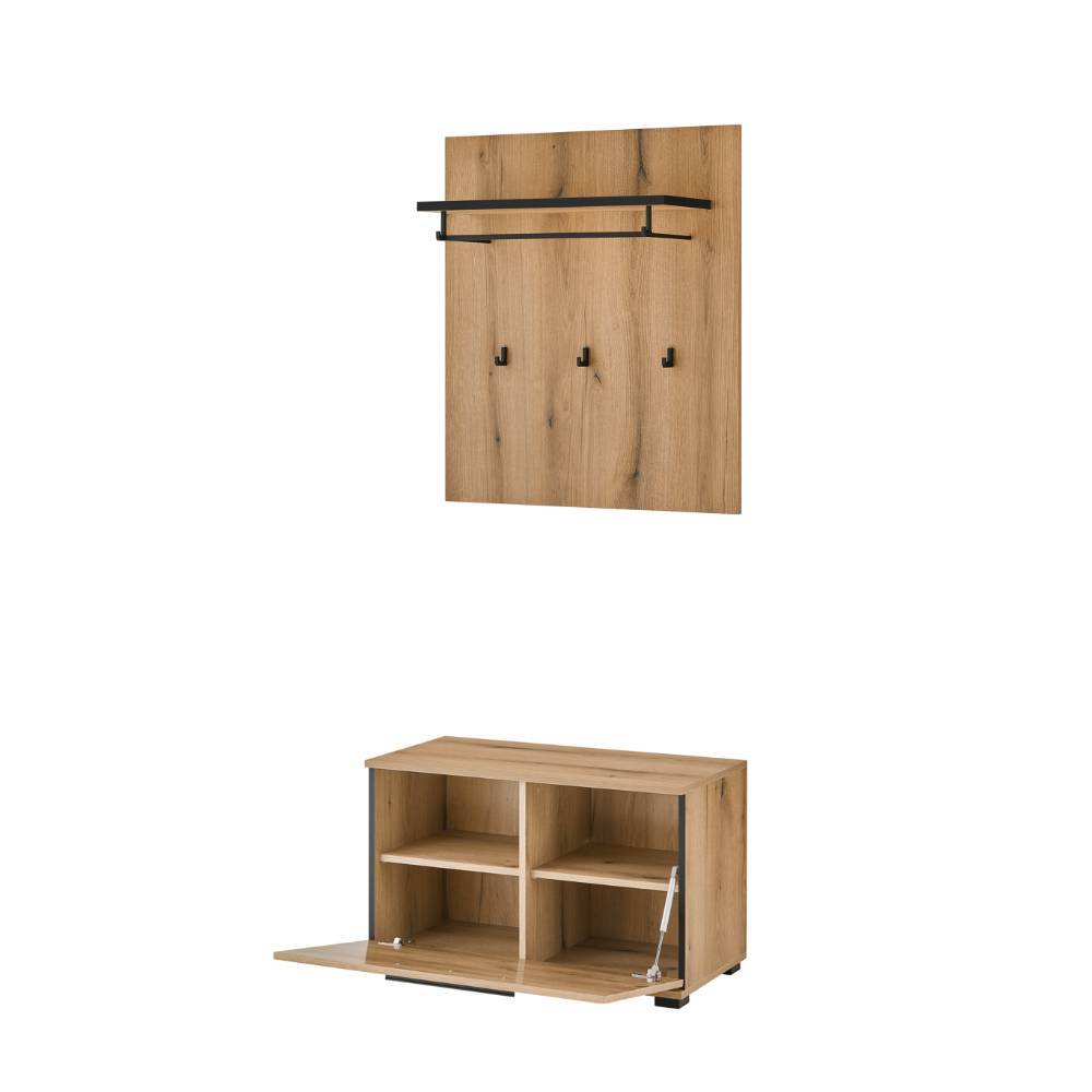Zweiteiliges Garderoben Set mit Wandpaneel und Schuhbank in Holzoptik – Moviess