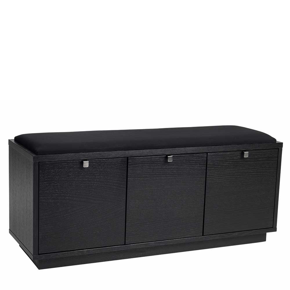 Elegante schwarze Sitzbank für den Eingangsbereich mit gepolsterter Sitzfläche und Schubladen – Geskan