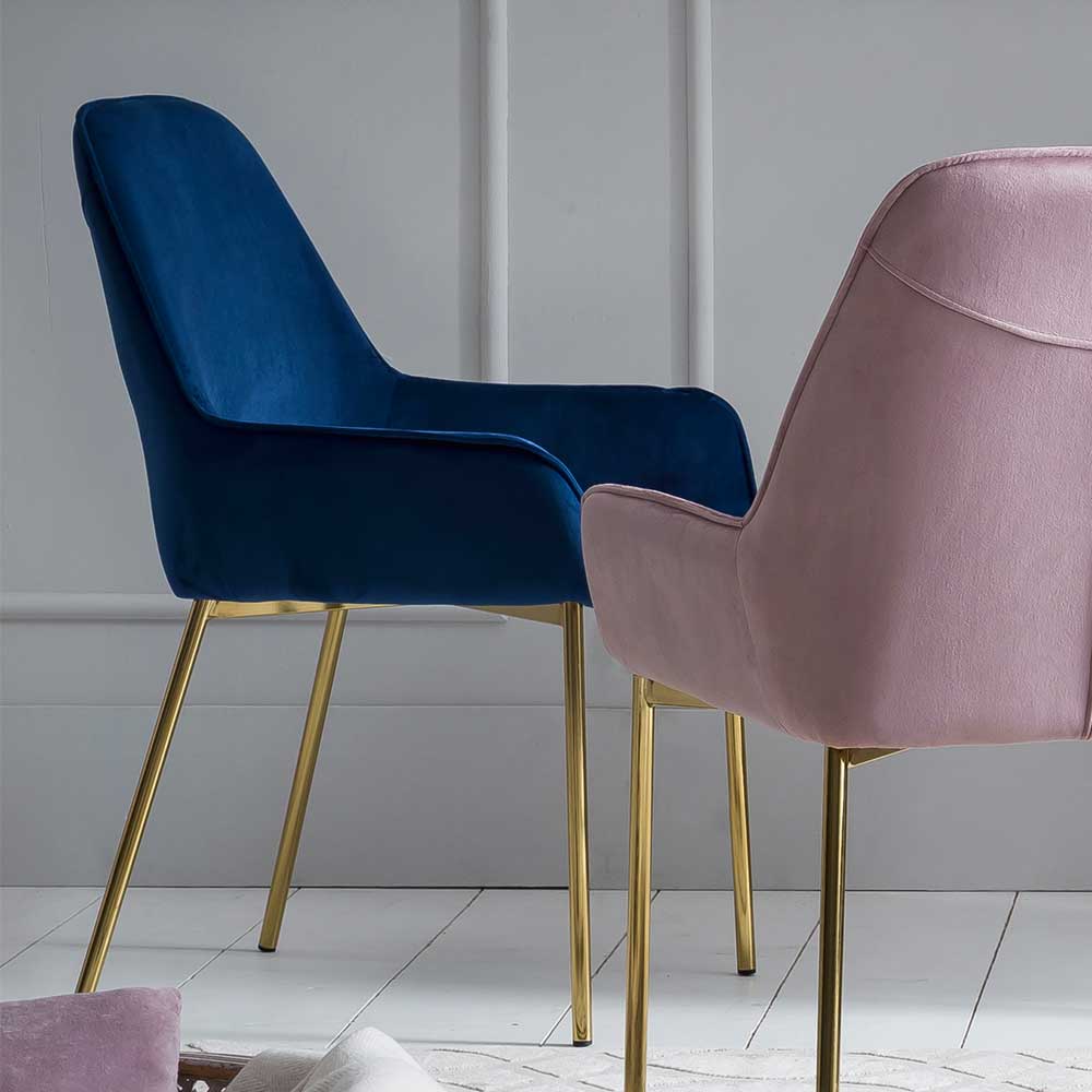 Zwei moderne Samtstühle im 2er Set, einer blau, einer pink mit goldenen Beinen für das Esszimmer – Angora