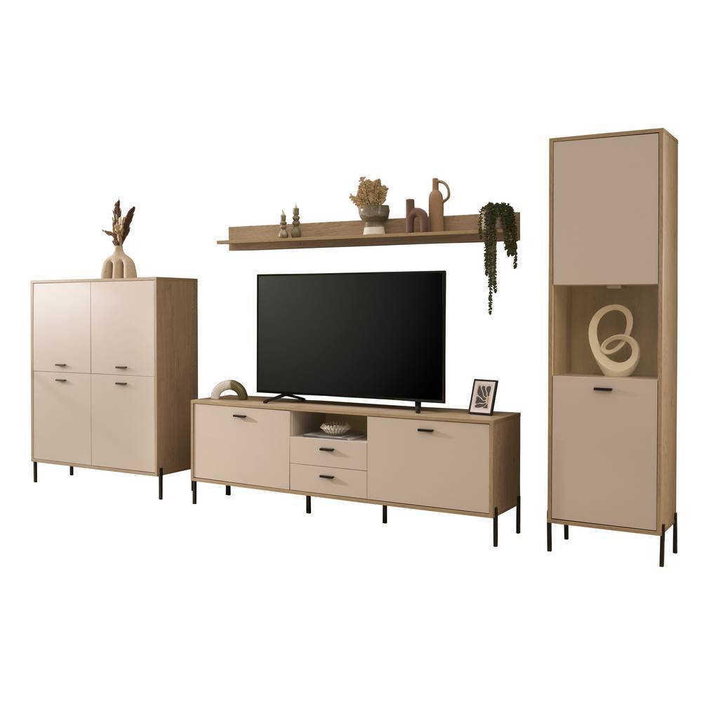 Vierteilige Wohnwand in Beige mit schwarzen Füßen und Wandregal für Wohnzimmer – Dasanti
