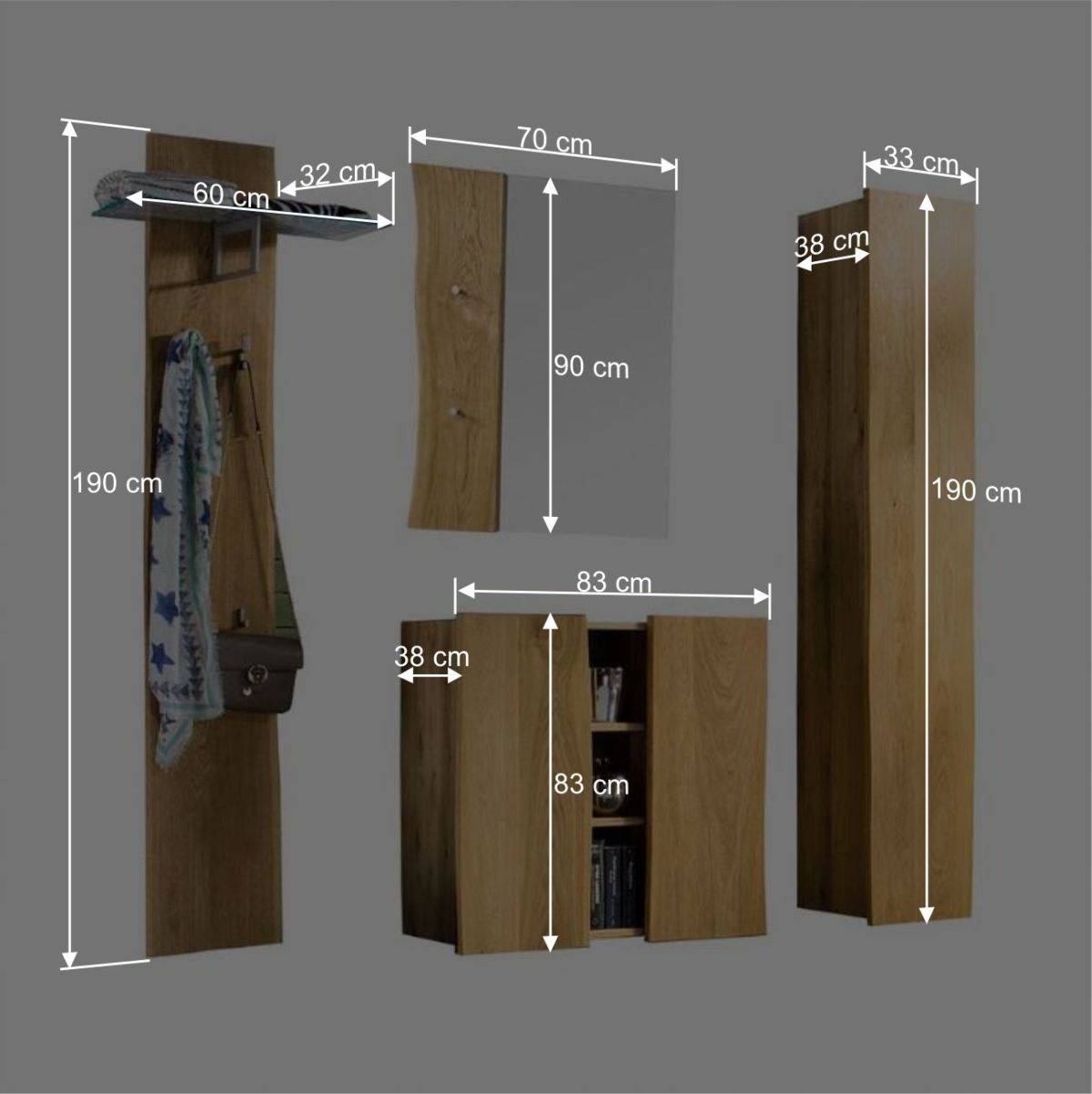 Massivholz Flurmöbel Set aus Eiche - Avidora (vierteilig)