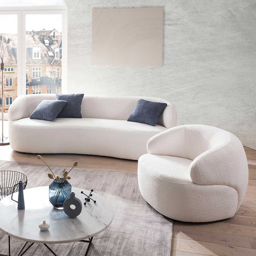 Bequemer runder Bouclé-Sessel mit Federkern in hellem Cremeton für das moderne Wohnzimmer – Zenya