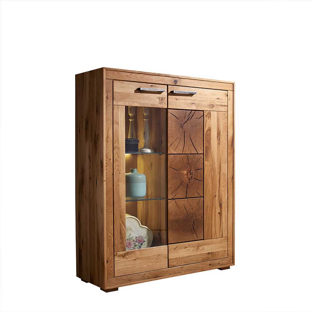 Wildeiche Highboard Troncon mit Glas Einsatz