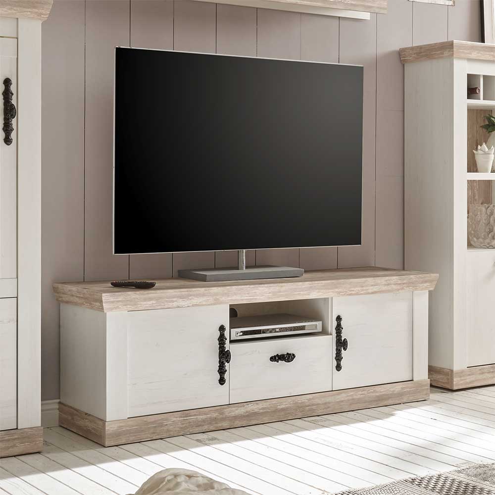 Geräumiges TV Lowboard mit Schublade und Türen in Weiß und Shabby Pinie Dekor – Nedita
