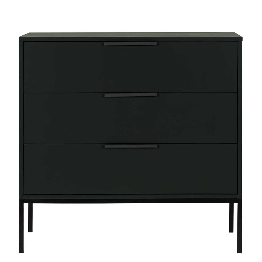 Schwarze Kommode mit drei Schubladen und eleganten schwarzen Metallfüßen für Schlafzimmer – Kitchin