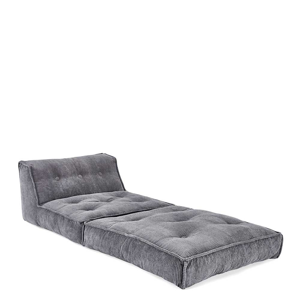 Grauer Cord Schlafsofa ohne Armlehnen komplett ausgeklappt als Liege – Curedo