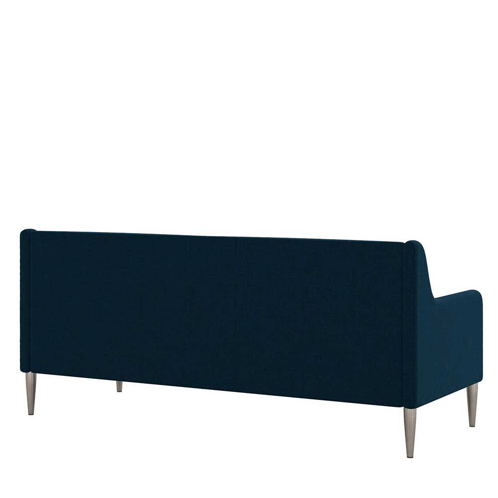 Rückansicht des dunkelblauen Dreisitzer Sofas mit hoher Rückenlehne und konischen Füßen – Agadi