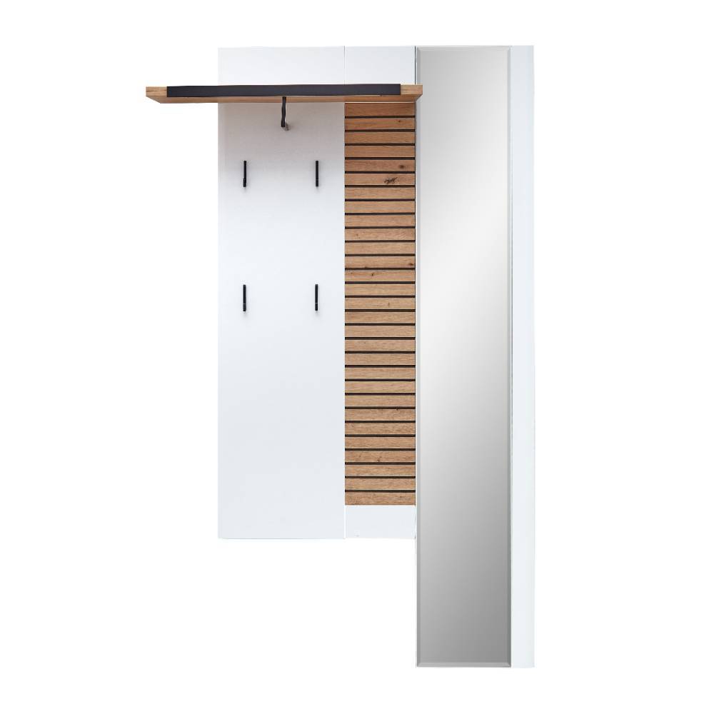 Wandgarderobe mit Spiegel, Ablage und Holzlamellen-Rückwand in Weiß und Eiche-Optik – Niam