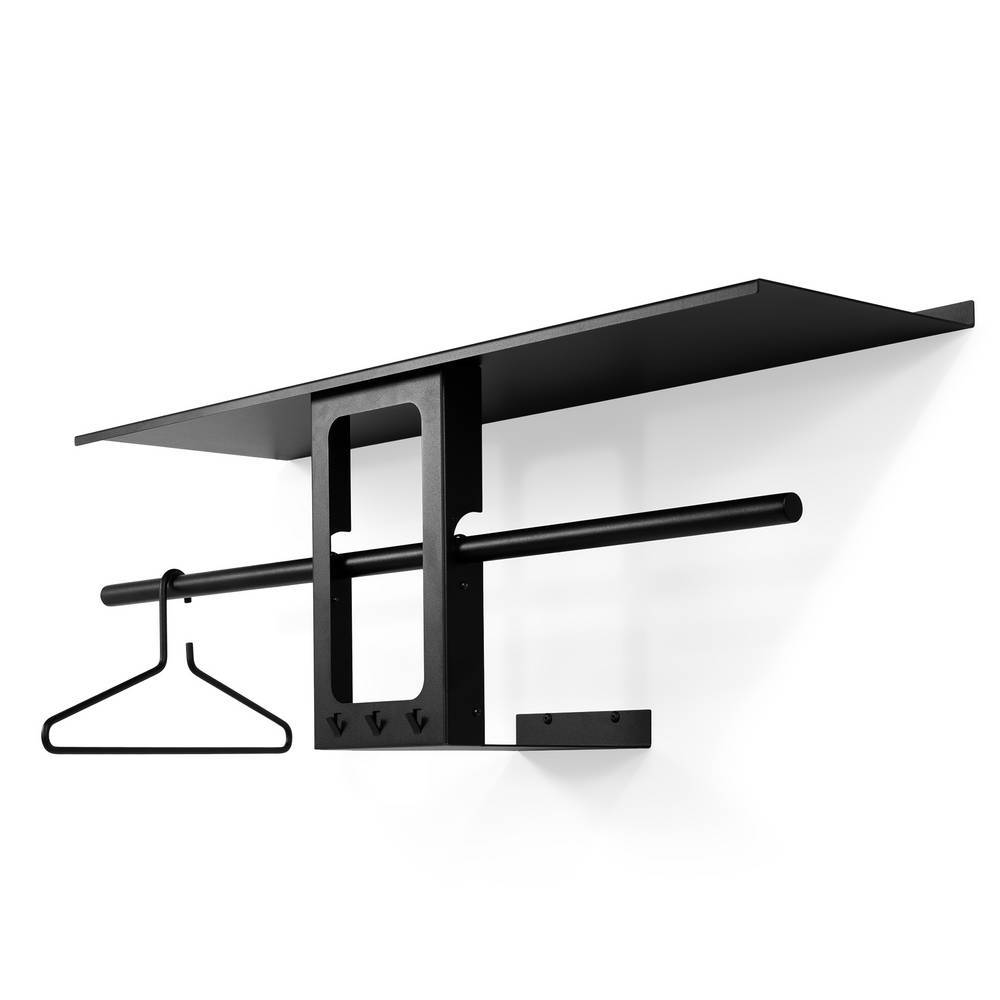 Moderne schwarze Wandgarderobe mit Ablage, Kleiderstange und Haken in Schrägansicht – Emly