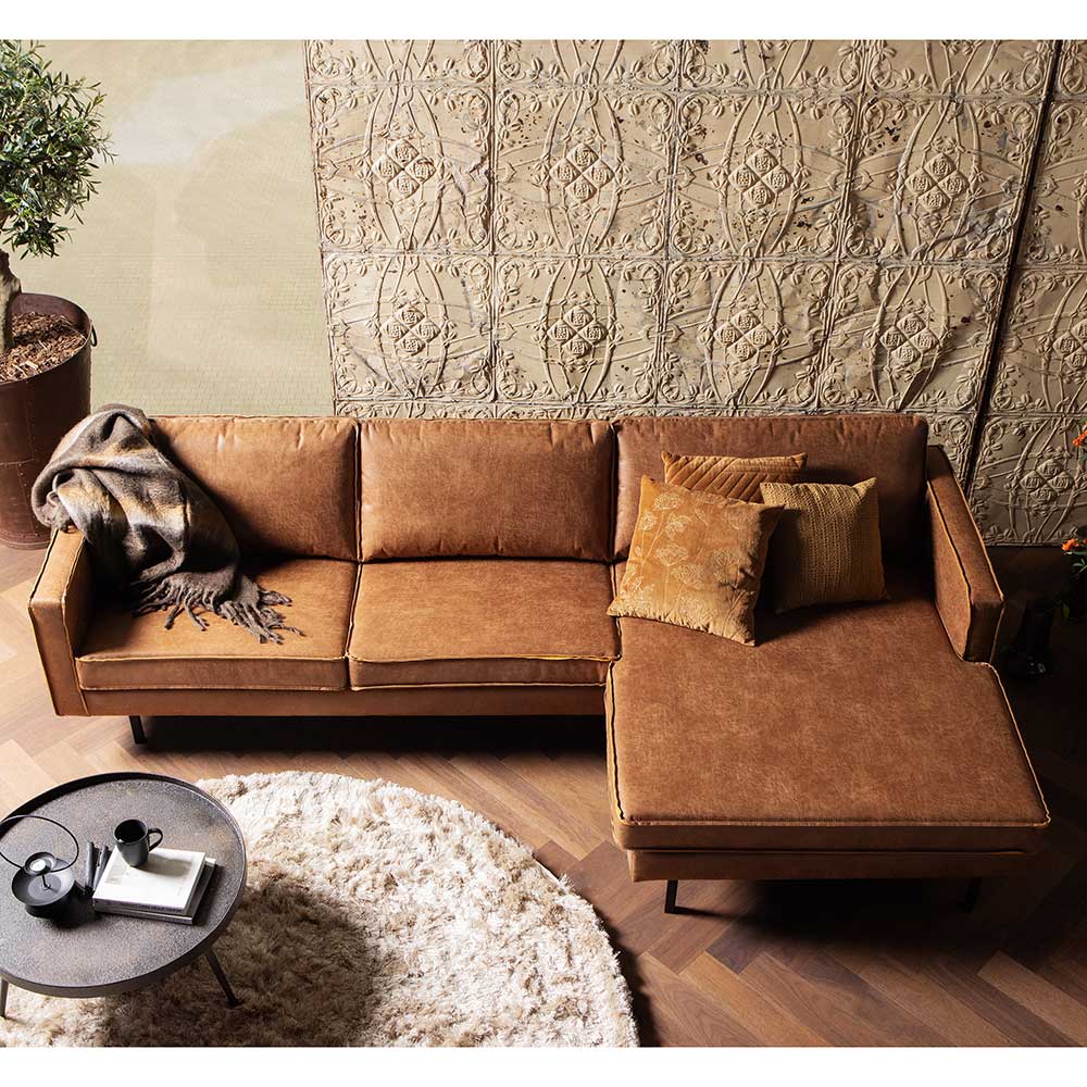 Echtleder Ecksofa in Cognac Braun mit Recamiere rechts und schlanken Beinen – Artemi