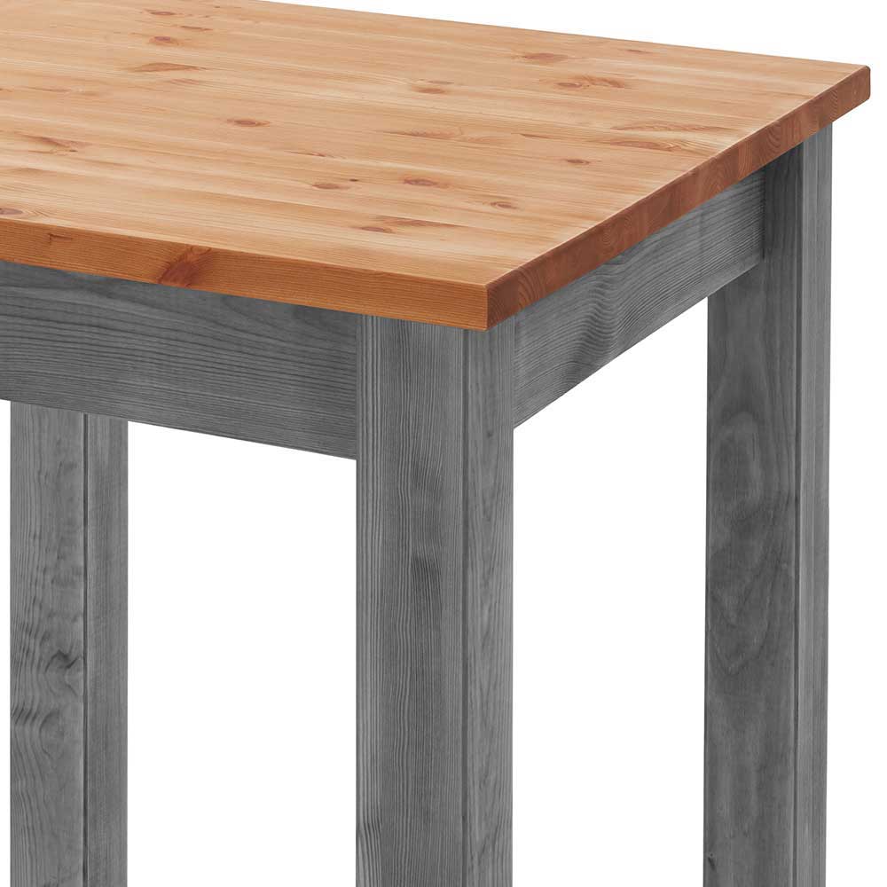 Naturholzfarbene Tischplatte und grauer Holzrahmen des Bartisches im Detail – Ziamora