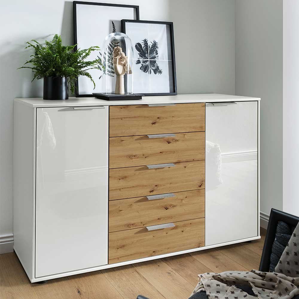 Wohnraum Kommode in Weiß Glas-Front - Ivany