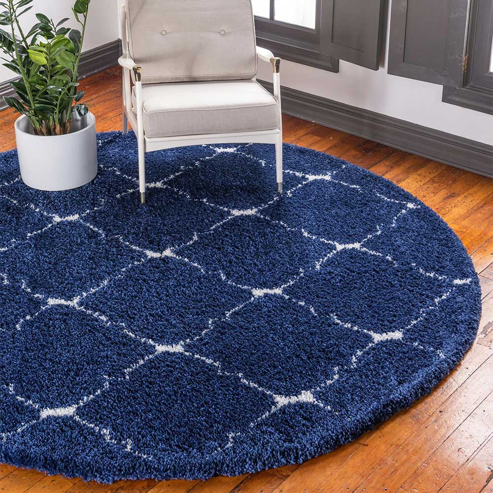 Runder Teppich in Dunkelblau & Creme Hochflor - Vimanco