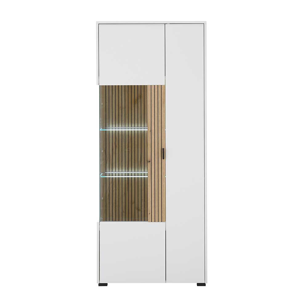 Weißer Wohnzimmer-Vitrinenschrank mit Holzelement und Glasvitrine mit LED-Beleuchtung – Nenaloro