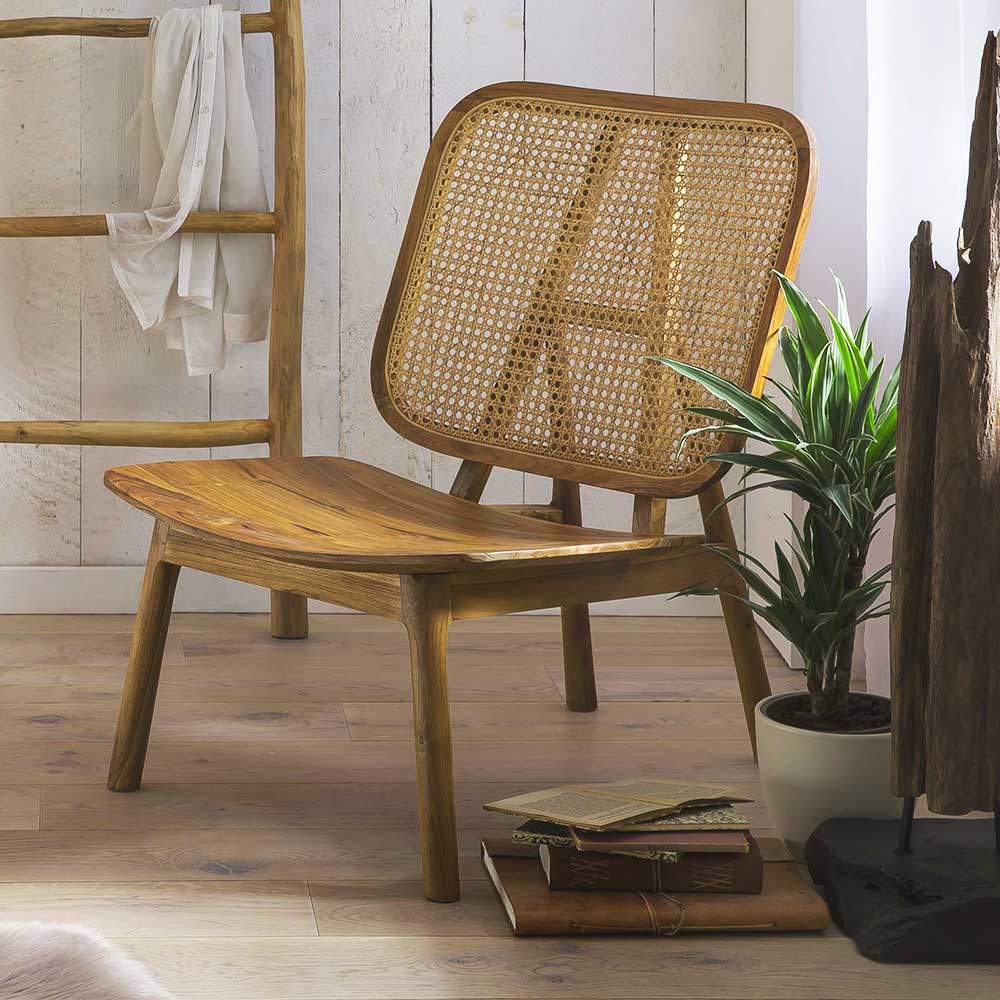 Wohnzimmer Stuhl aus Teak Massivholz mit Rattan Rückenlehne – Vivienno