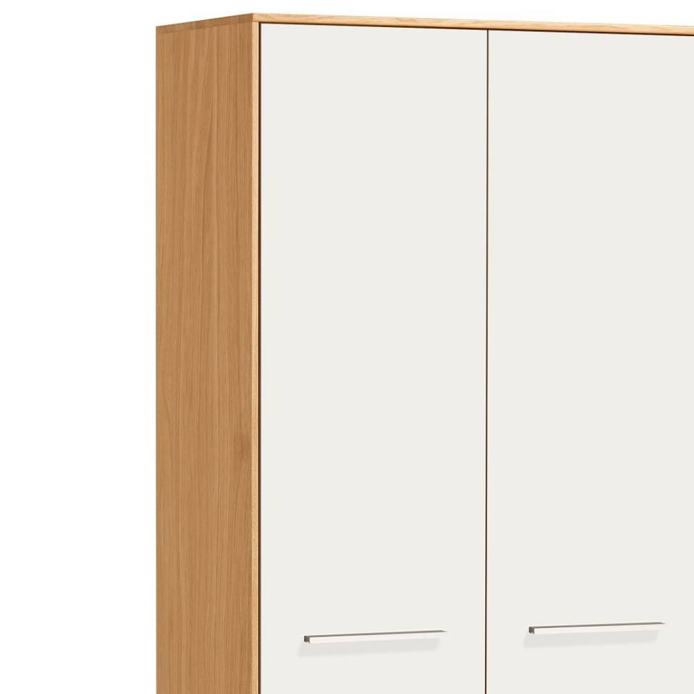 Oberer Bereich des weißen Garderobenschranks mit Eiche Bianco und Metallgriffen – Didesco