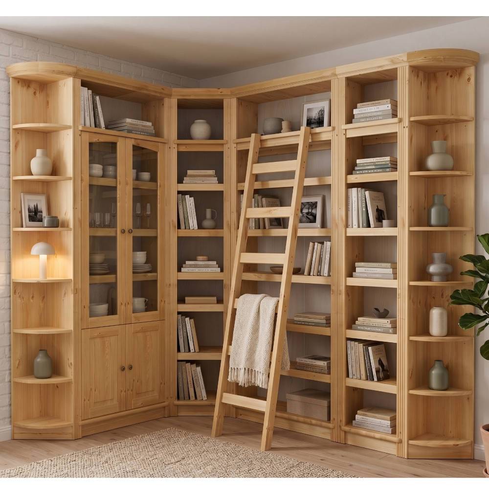 Abschlussregal aus Kiefer Naturholz als Teil eines großen Bücherregalsystems im Wohnzimmer – Snog