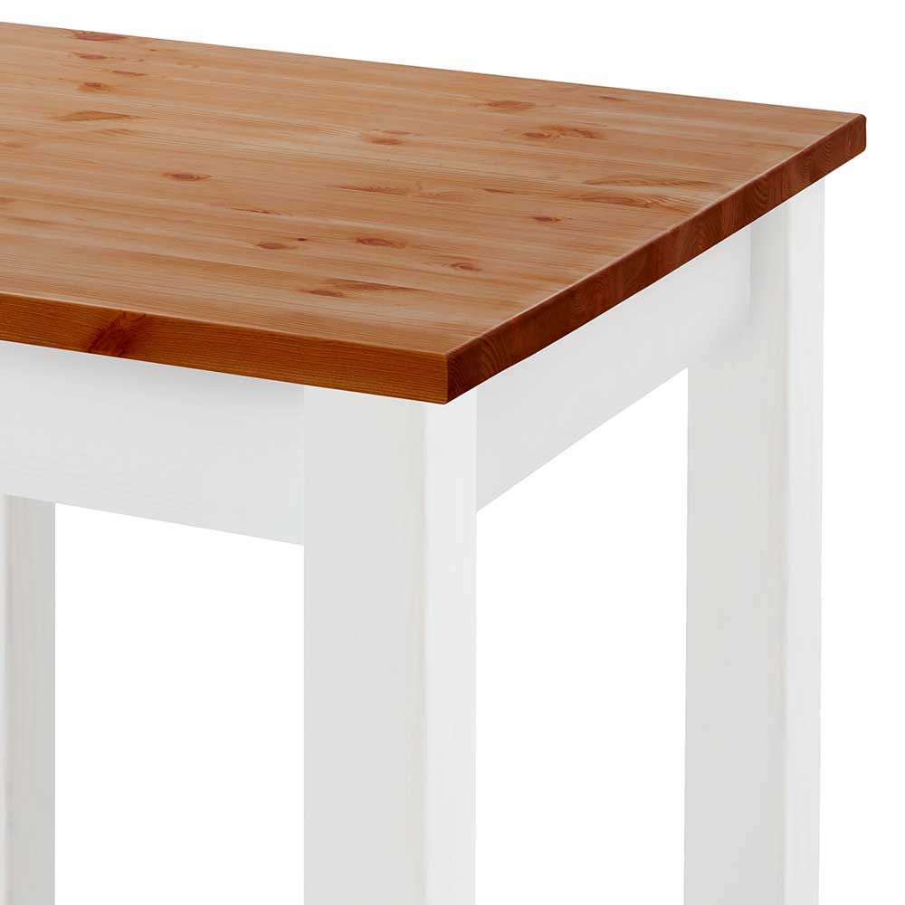 Braune Massivholzplatte und weißes Tischgestell des Hochtisch Sets – Kangron