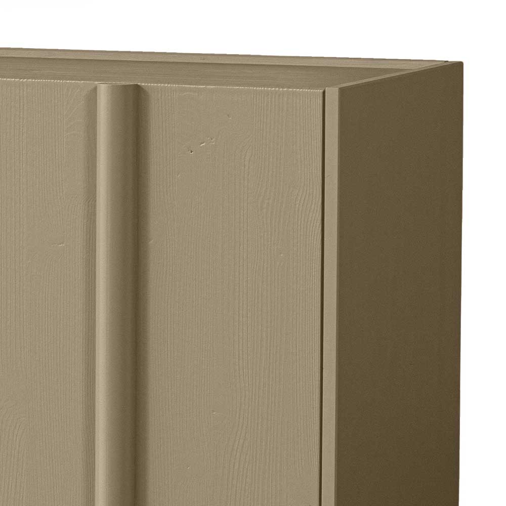 Eckdetail des schlammfarbenen Sideboards mit Holzmaserung und gerillter Front – Litinka
