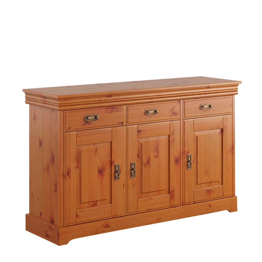 Honigfarbenes Landhaus Sideboard aus Massivholz mit drei Schubladen und drei Türen für Esszimmer – Lusanne