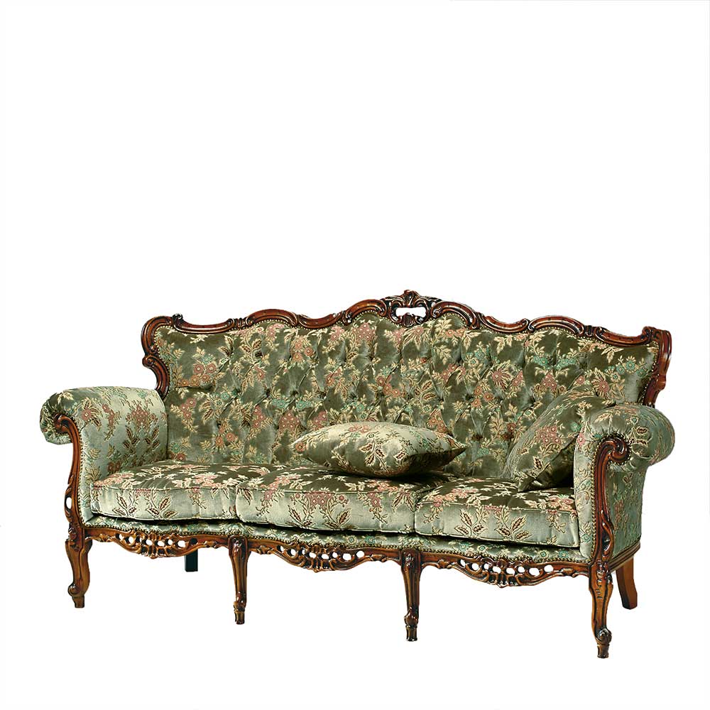 Barock-Stil Sofa in Grün mit Blumenmuster und geschwungenem Holzrahmen für das Wohnzimmer – Graz