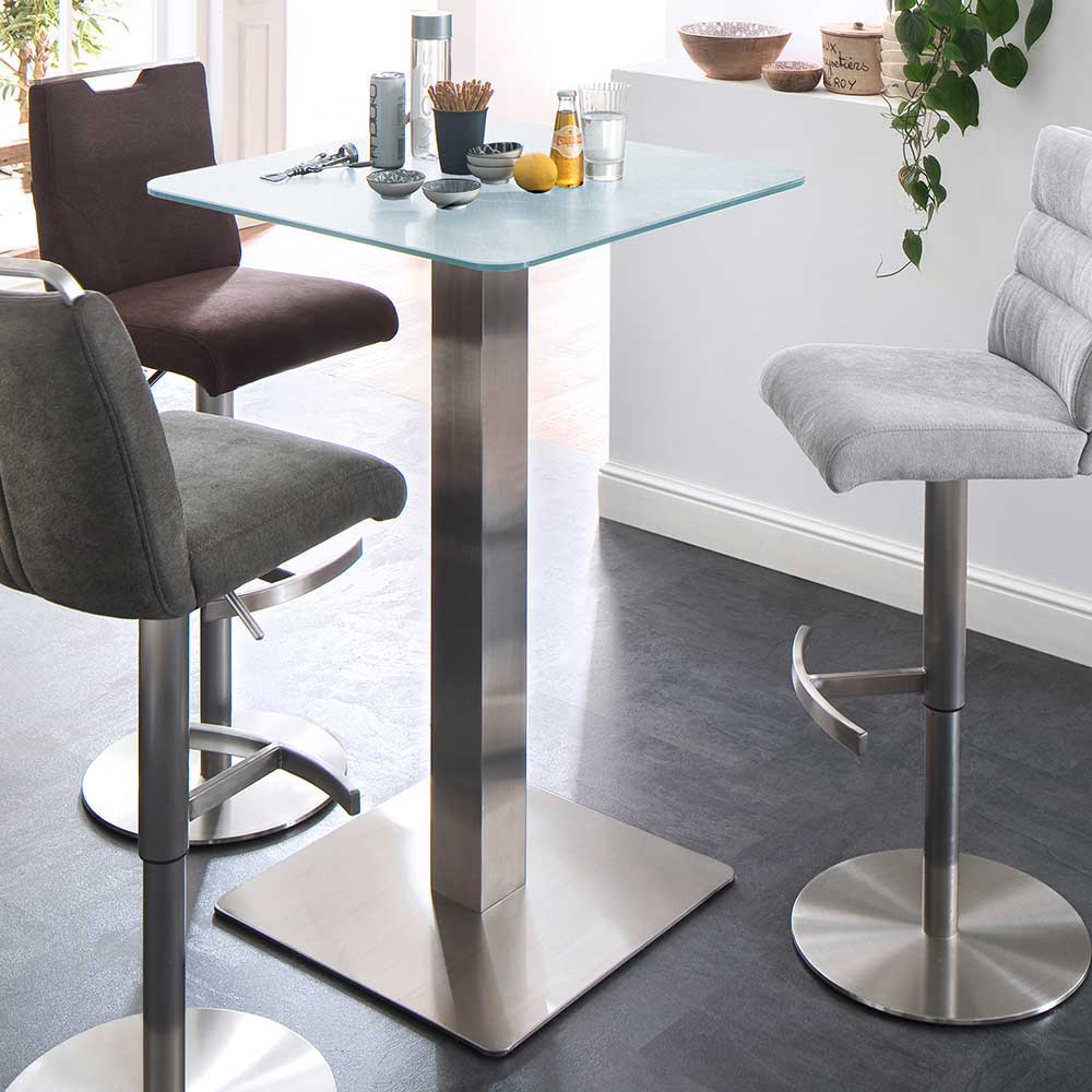 70x70cm Stehtisch mit Glasplatte in Weiß Fansas & Edelstahlfuß