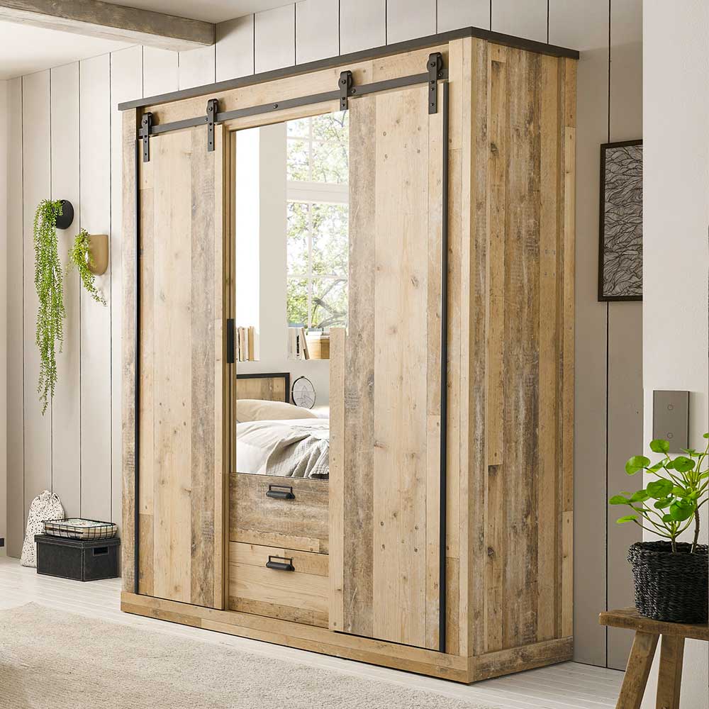 Schlafzimmerschrank in Altholz Optik mit Anthrazit - Naiavio