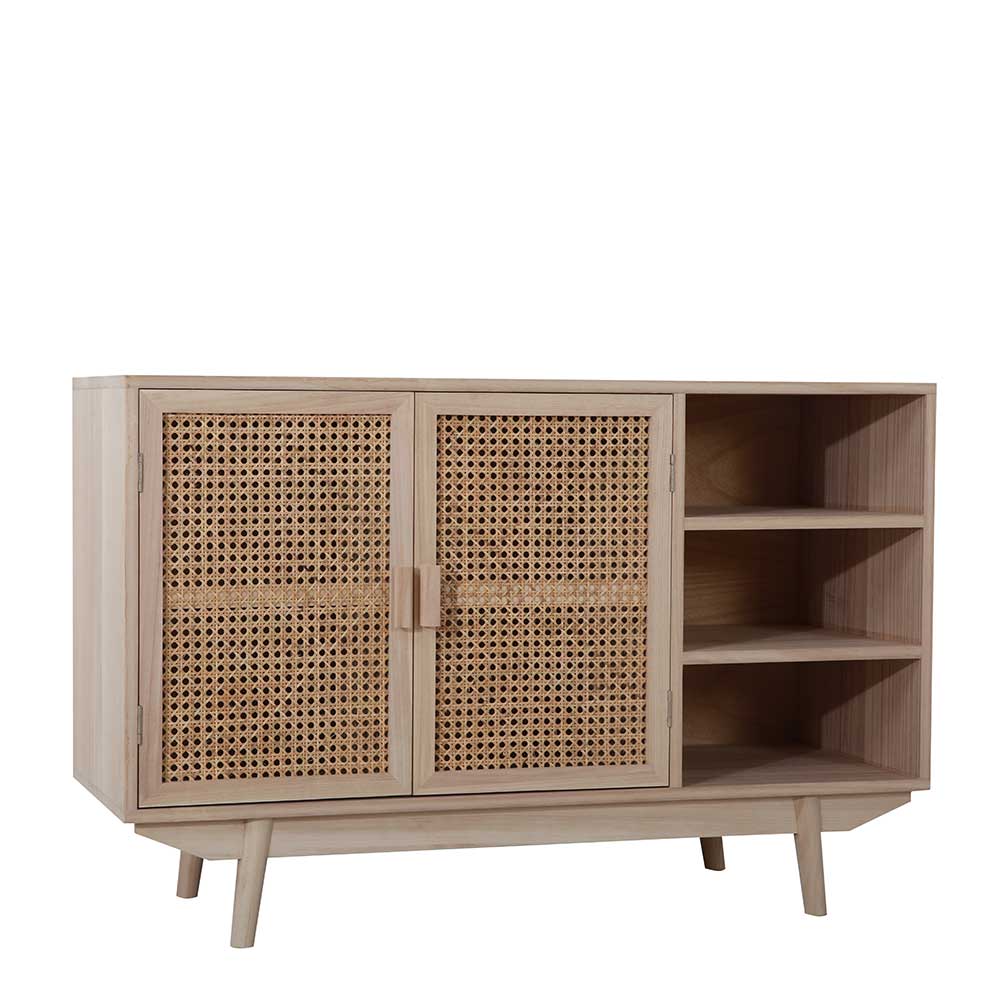 Sideboard Kommode aus hellem Holz mit Rattantüren und offenen Fächern – Oncinasa