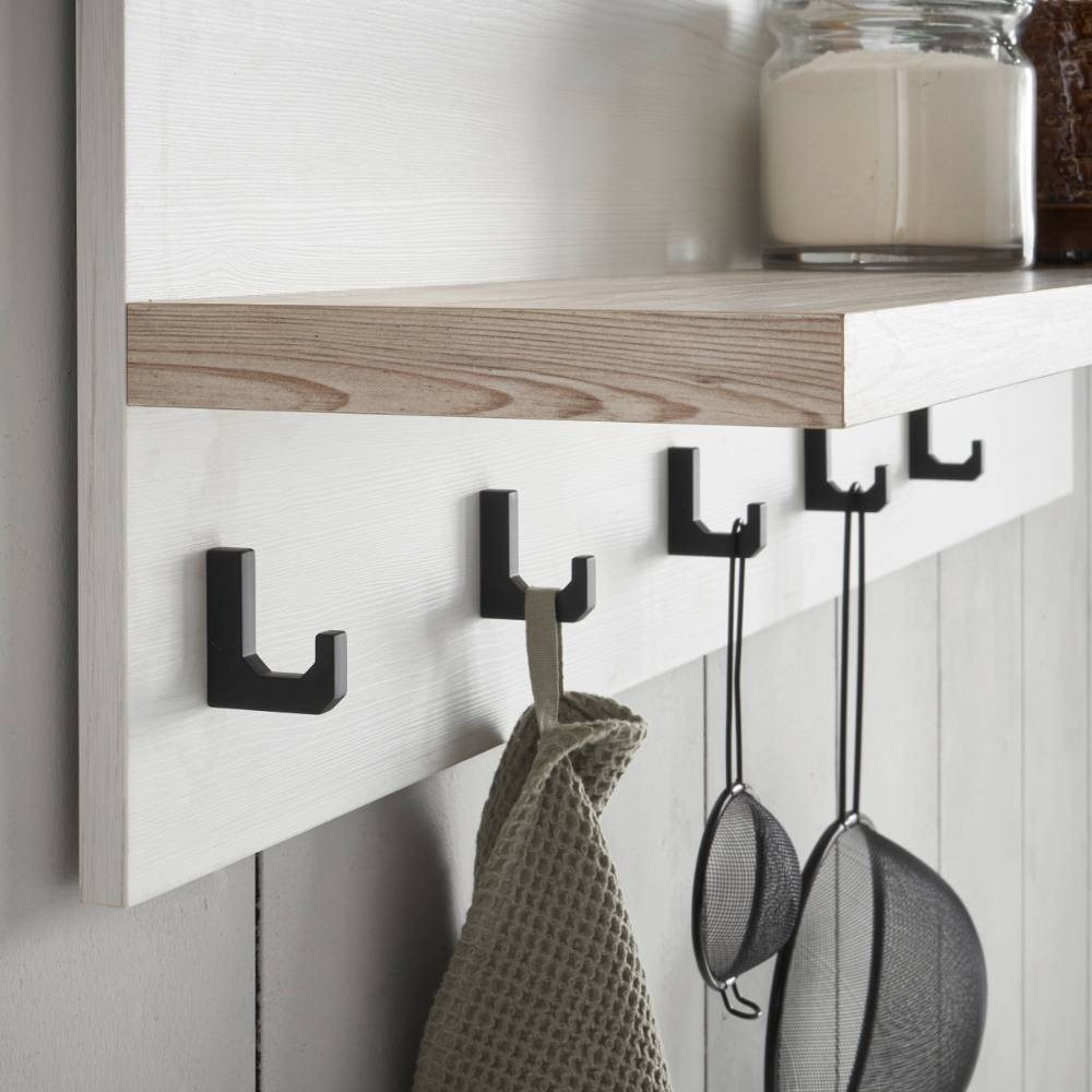 Wandboard Küche mit weißer Oberfläche, Holzoptik Ablage und schwarzen Haken – Nedita