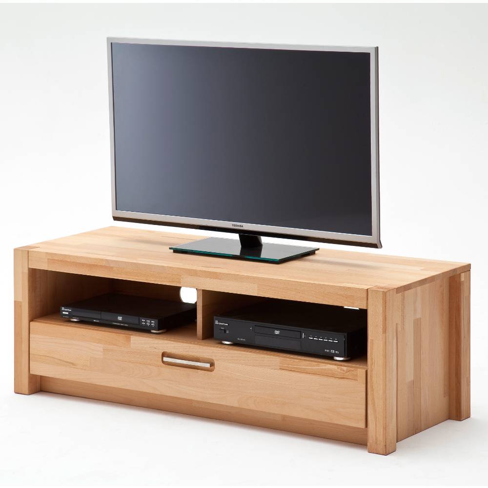 Kernbuche Massivholz TV-Unterschrank mit Fernseher und Mediengeräten – Levandro