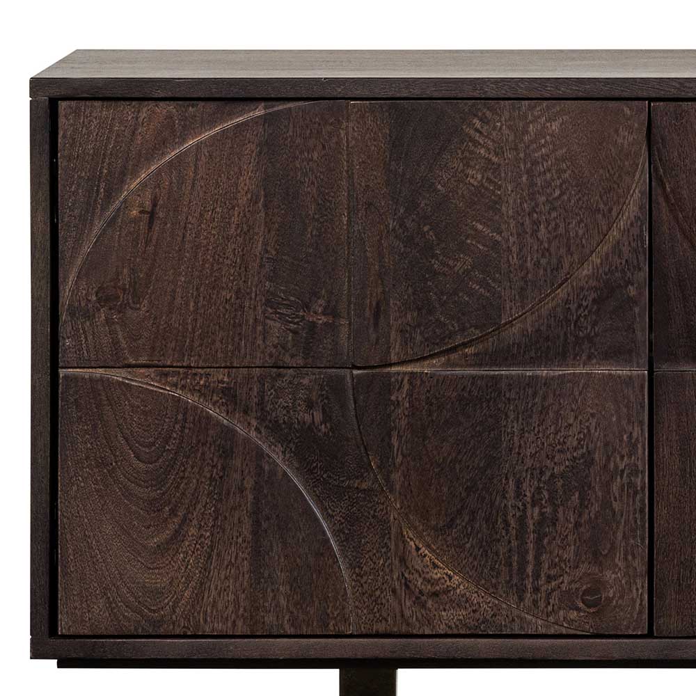 Detail des kreisförmigen Musters auf den Türen des Design Sideboards aus Mango Holz – Pisino