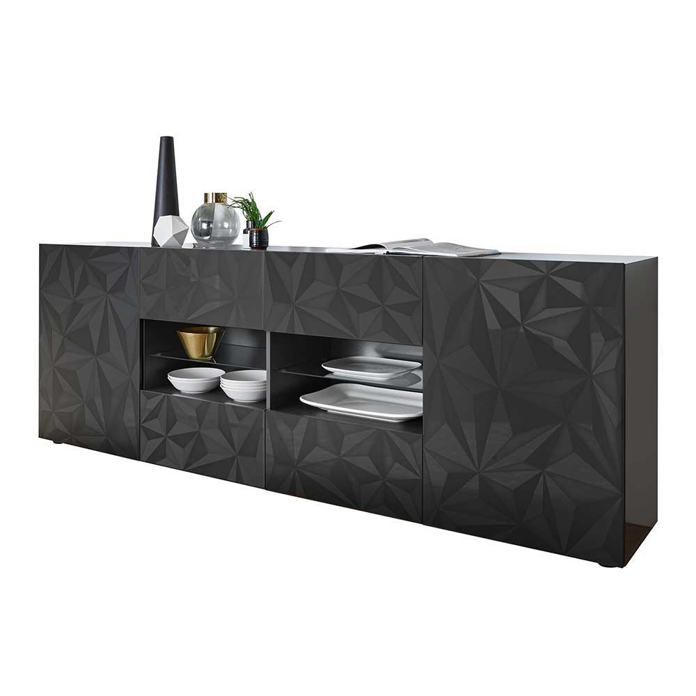 Frontansicht des geschlossenen anthrazit Hochglanz Sideboards mit geometrischem Druck – Kuriasna