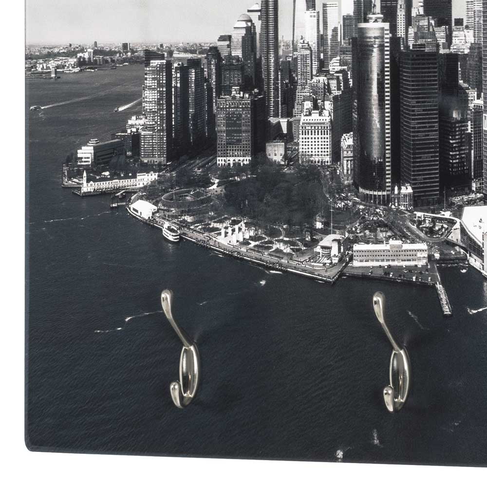 Schlüsselbrett mit zwei glänzenden Garderobenhaken und New York City Skyline Motiv – Bahma