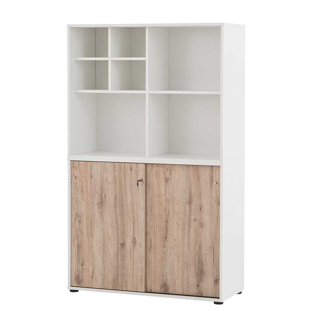 Komplettansicht moderner Büroschrank mit Schiebetüren in Holzoptik und offenen Fächern – Laganzo