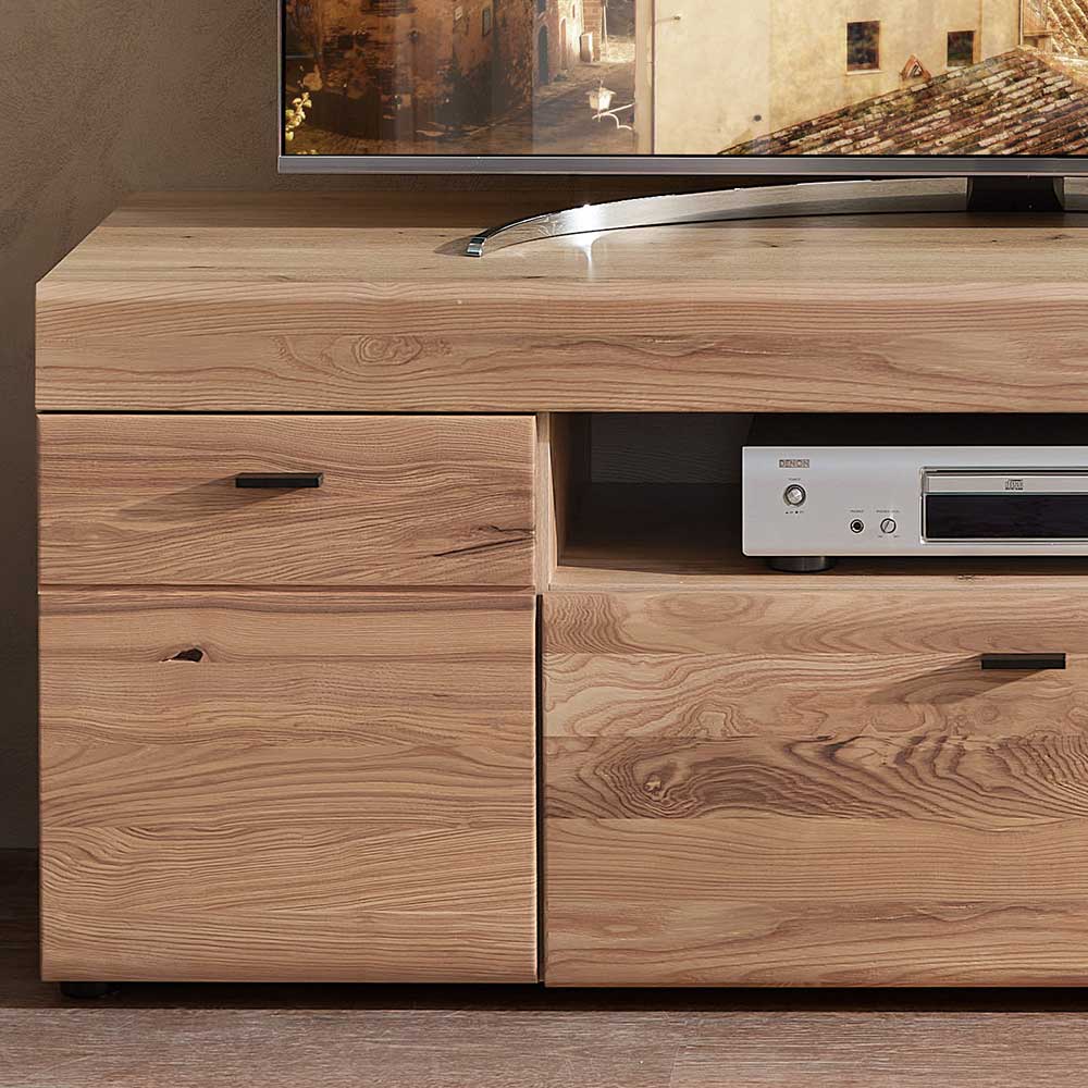 Detail des TV-Lowboards mit zwei Schubladen und offenem Fach für Hifi-Geräte und Kabel – Cymbal