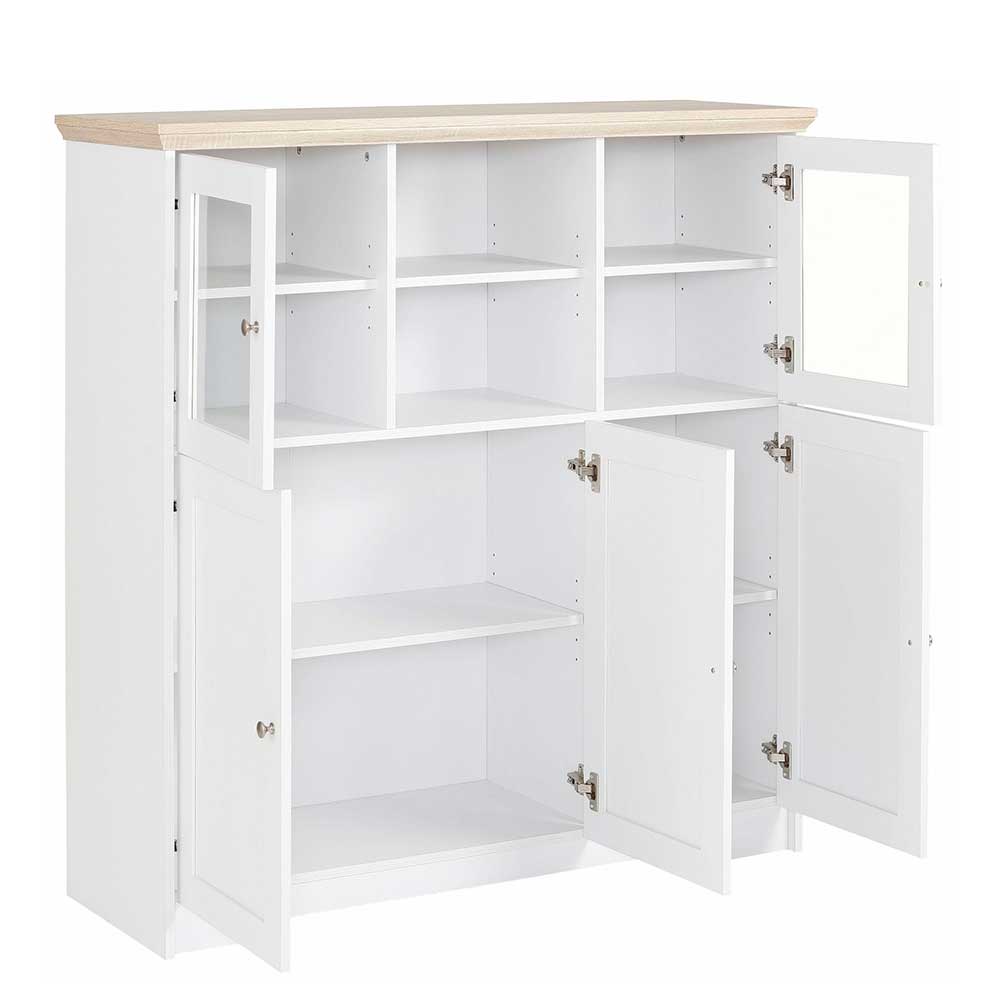 Weißes Landhaus Highboard mit Vitrinentüren und offenen Schrankfächern für viel Stauraum – Akedra