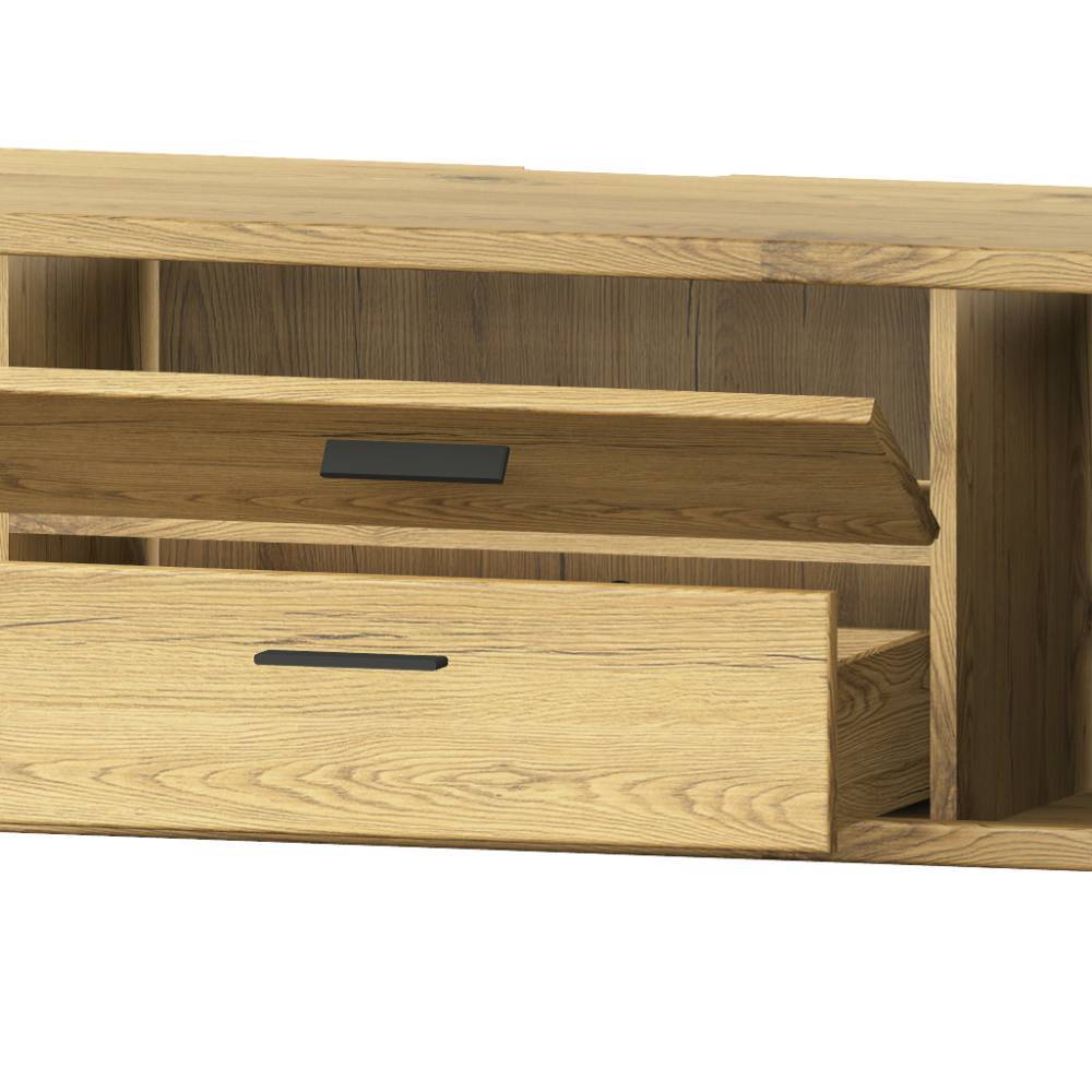 TV-Hängeschrank aus Wildeiche Massivholz Detailansicht der geöffneten und geschlossenen Schubladen Friburgo