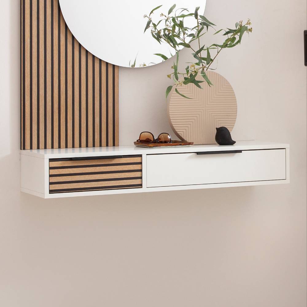 Moderne Wandkonsole weiß mit Holzlamellen-Schublade im Flur als Ablage – Cizio