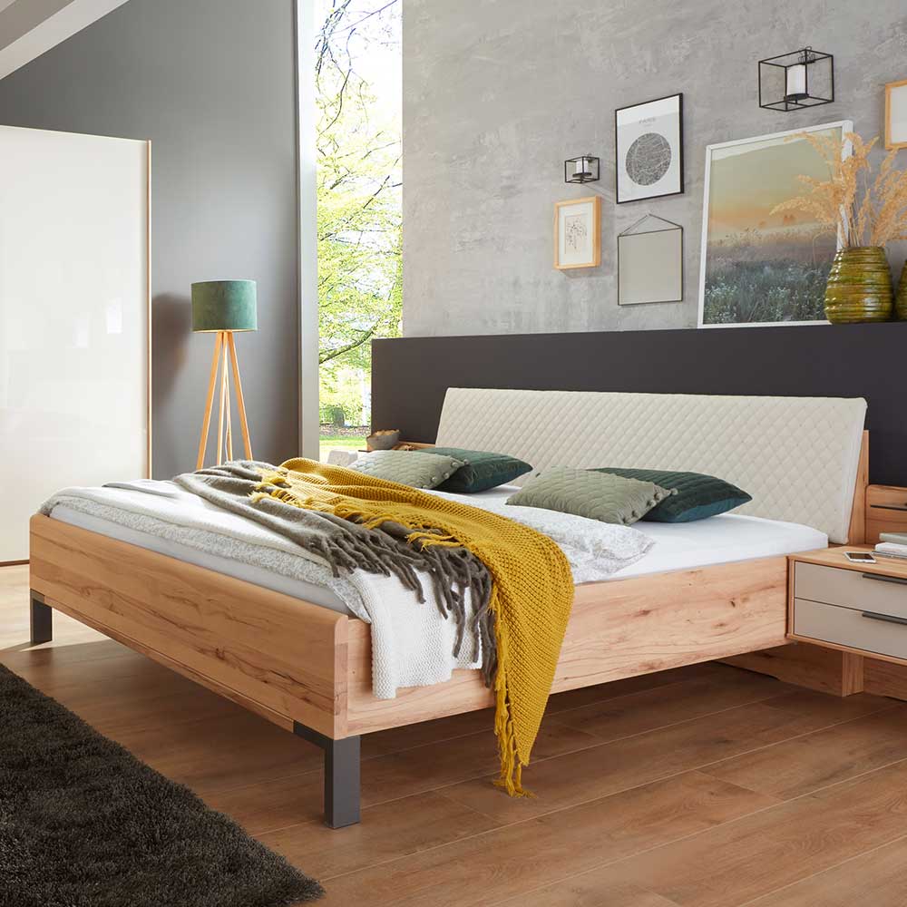 Doppelbett aus Kernbuche mit Polsterkopfteil - Krofun