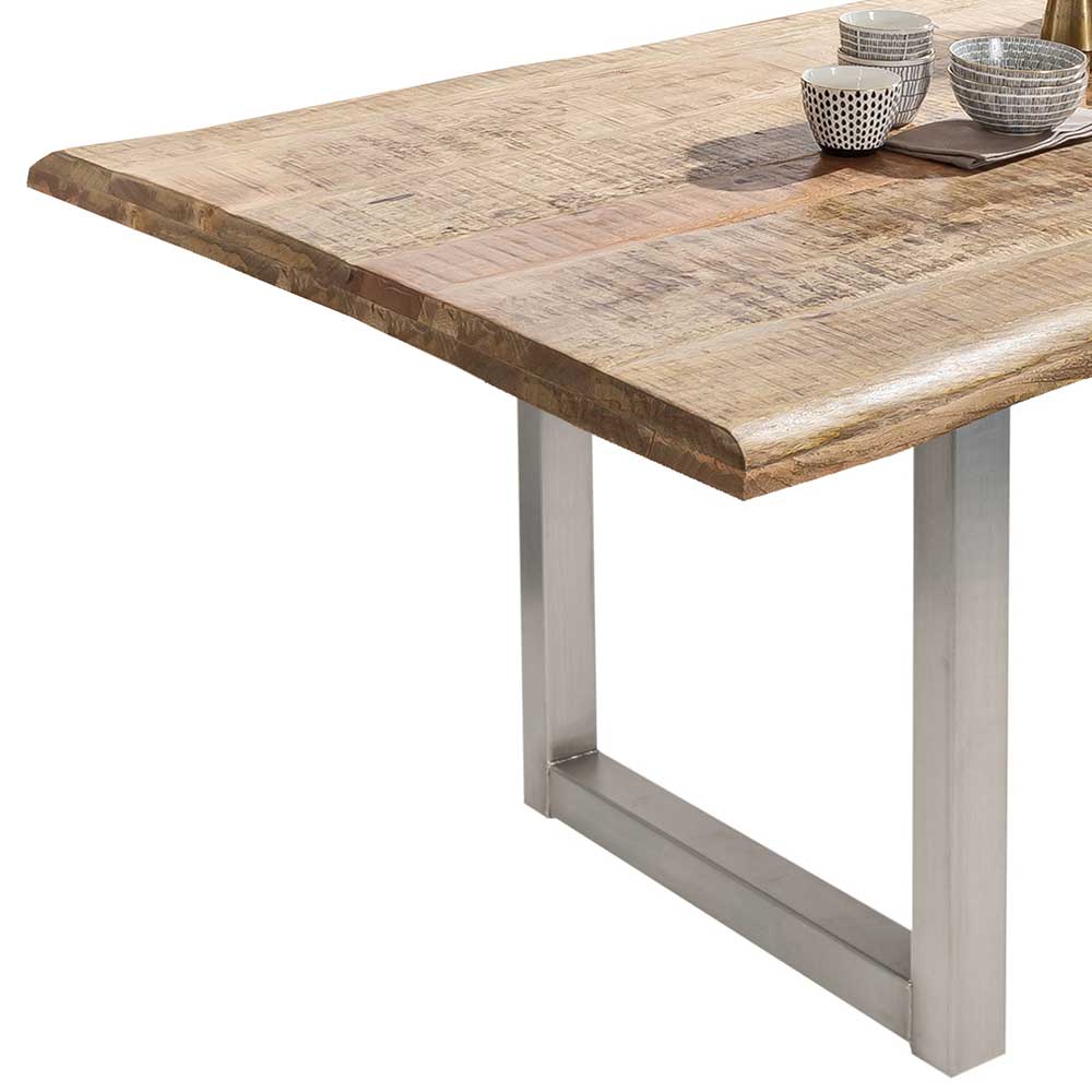 Esstisch aus massivem Mango Holz mit natürlicher Baumkante und Edelstahl U-Gestell – Matic