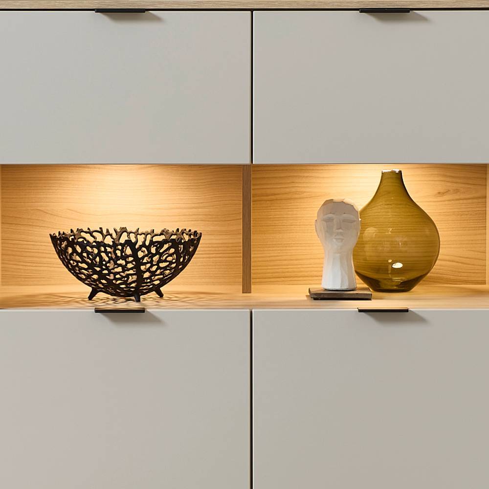 Breites Highboard in Hellgrau und Eiche Hell - Rovigo