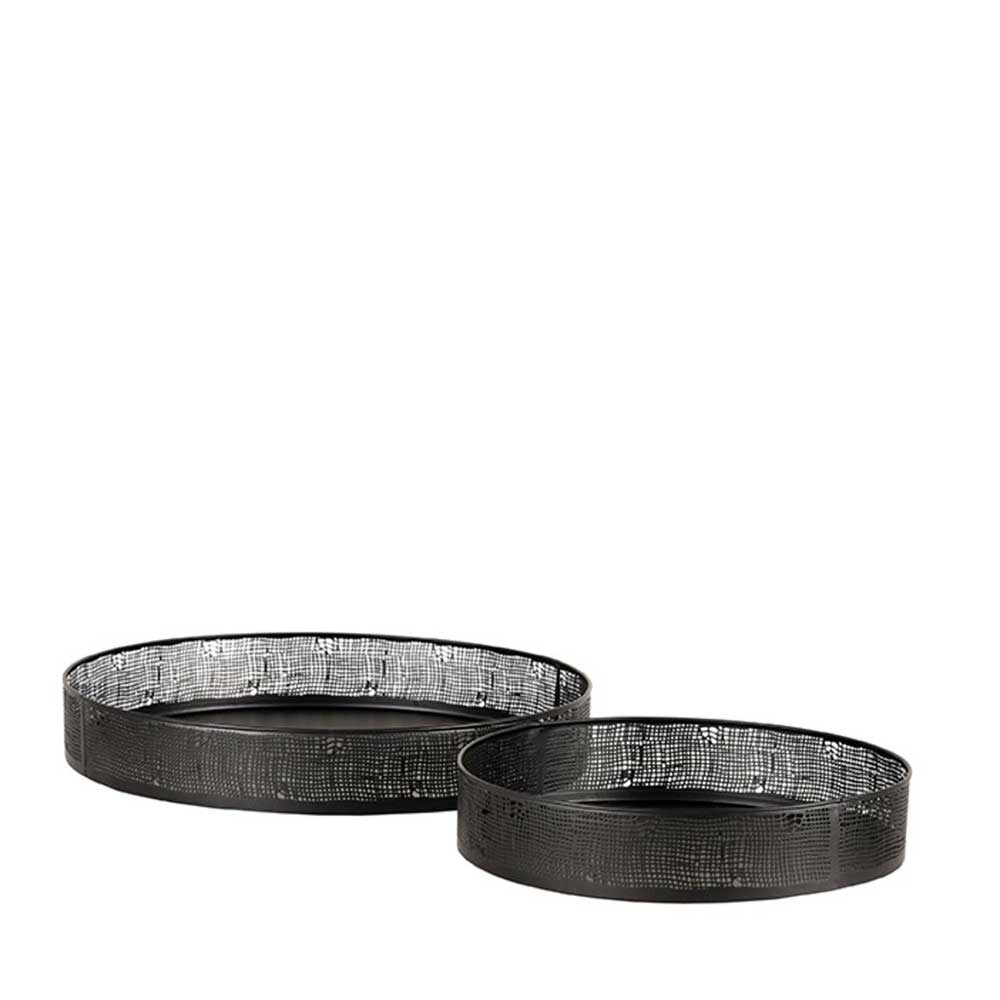 Zwei runde schwarze Metalltabletts als Deko-Set für Wohnzimmer oder Flur – Kreta