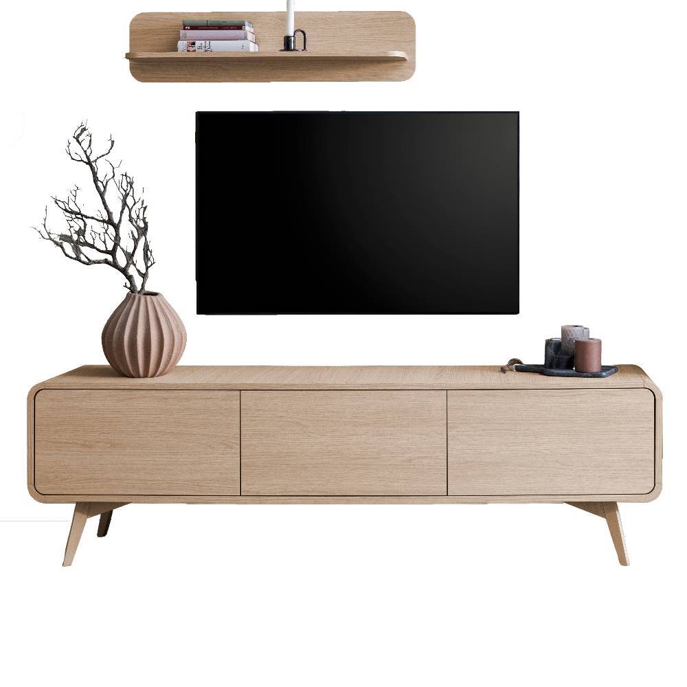 TV Lowboard aus Eiche mit Wandregal und geschlossenen Fächern für Mediengeräte – Embrus