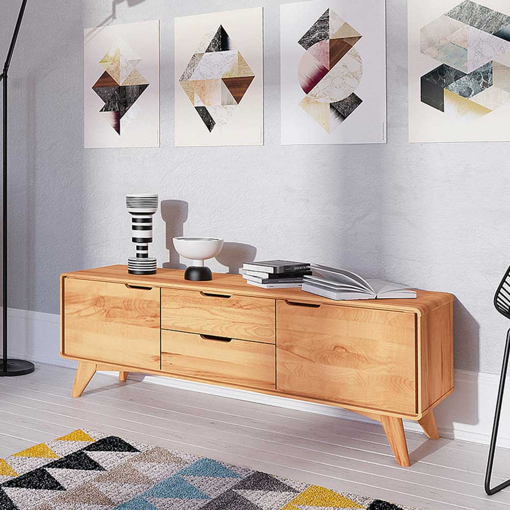 Kernbuche Lowboard mit drei Schubladen und zwei Türen im modernen Design für das Wohnzimmer – Junola