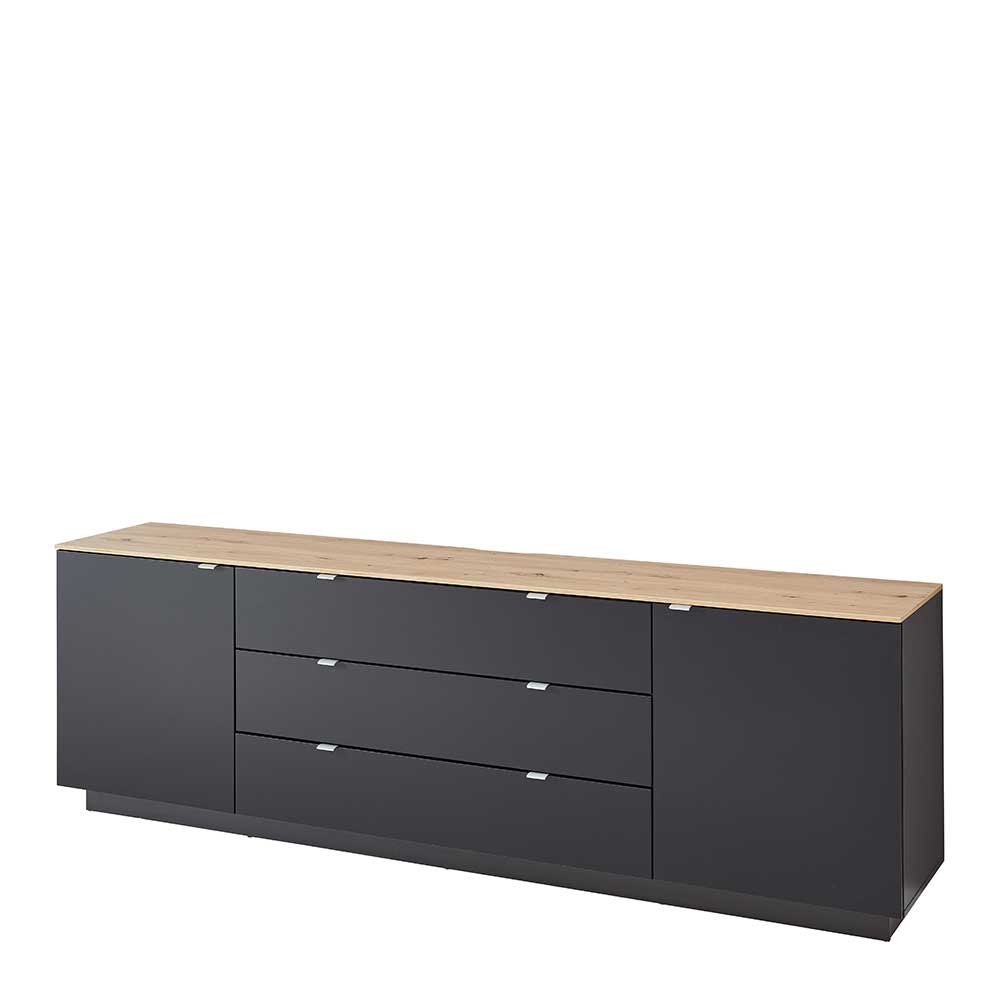Großes Wohnzimmer Sideboard in Anthrazit mit heller Holzplatte und vielseitigem Stauraum – Hilona